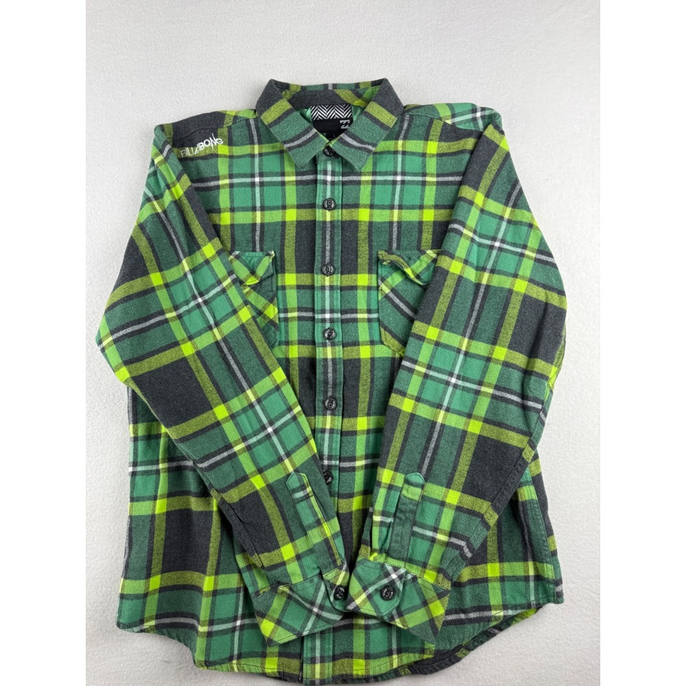 Billabong Mens Green Black Plaid Flannel Button Up Shirt Large Long Sleeve Logo